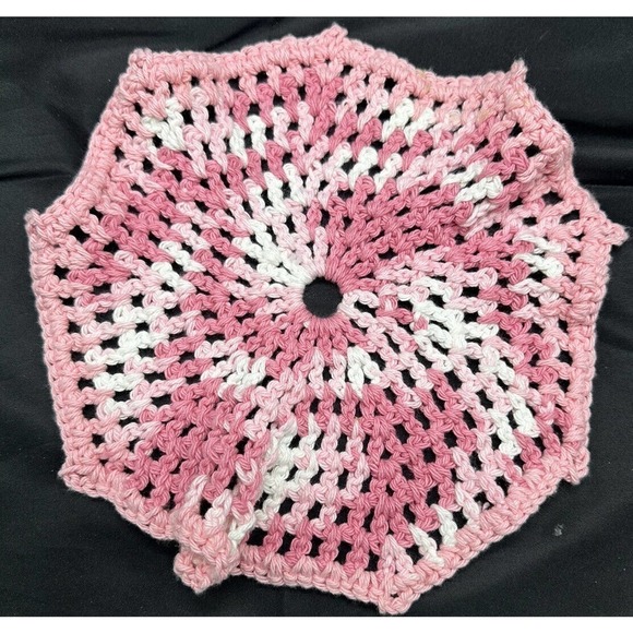 Vintage Handmade Crocheted Lot of 2 Hot Pads Pot Holders Trivets Pink White MCM - Picture 4 of 5